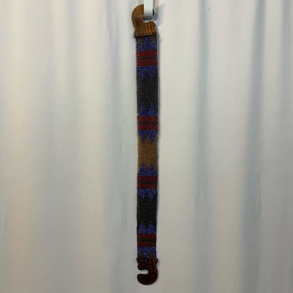 Beaded Belt Blue Yellow Red Handmade Wooden Buckle Vintage VTG Tribal - Picture 5 of 8
